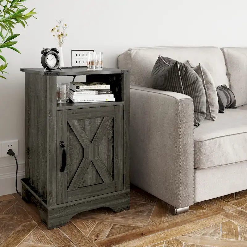 Farmhouse Nightstand with Charging Station and Barn Door