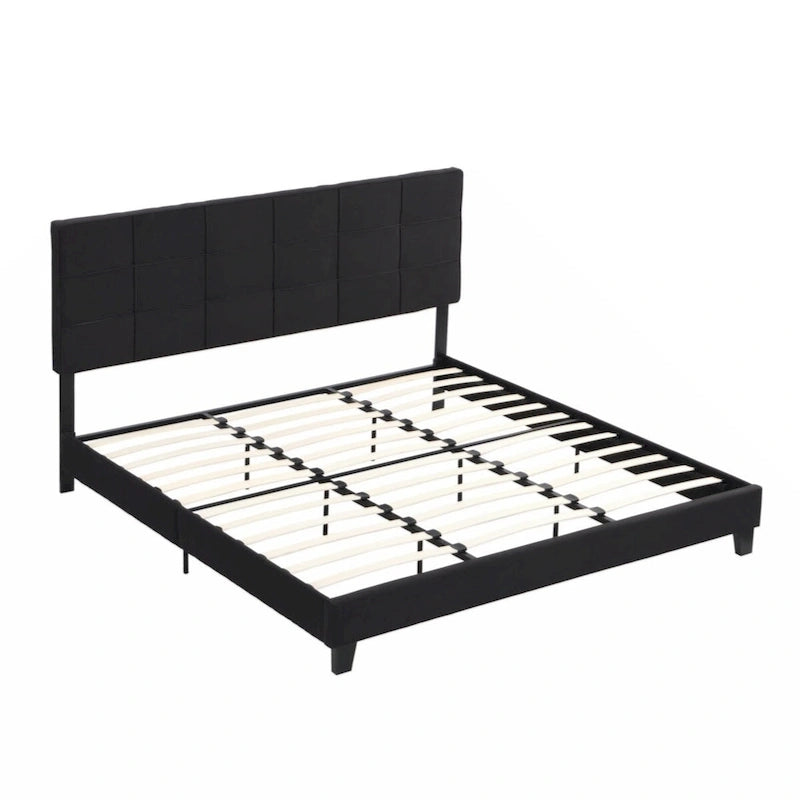 King Size Upholstered Platform Bed Frame with Linen Fabric Headboard,Black