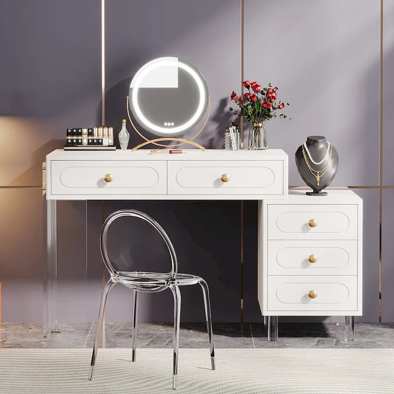 Extendable Makeup Vanity Desk 5 Drawers Dressing Table with Acrylic Base
