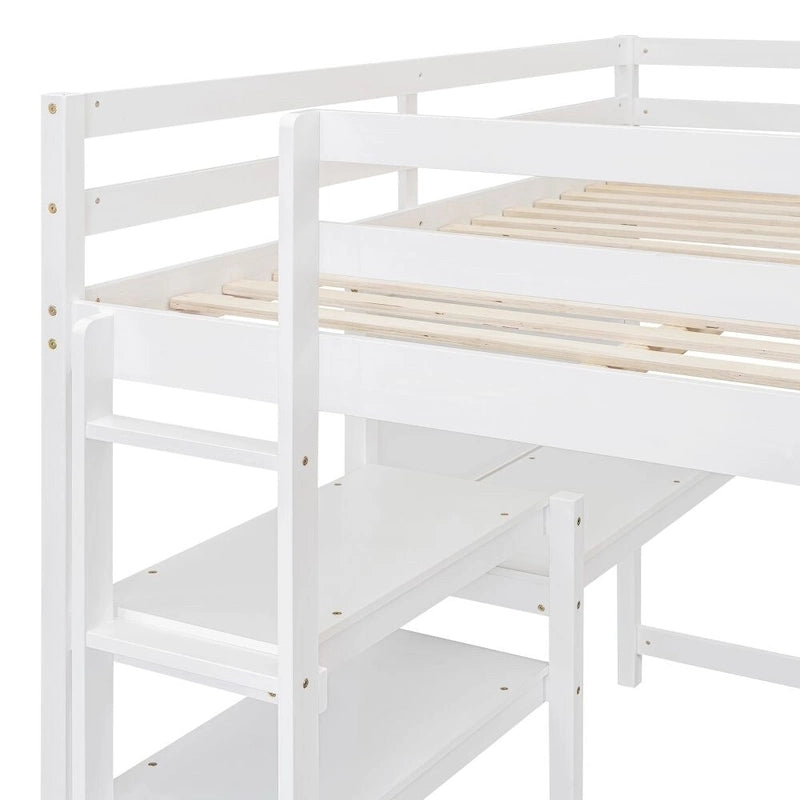 Full Size Wooden Loft Bed with Shelves, Desk and Writing Board