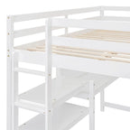 Full Size Wooden Loft Bed with Shelves, Desk and Writing Board