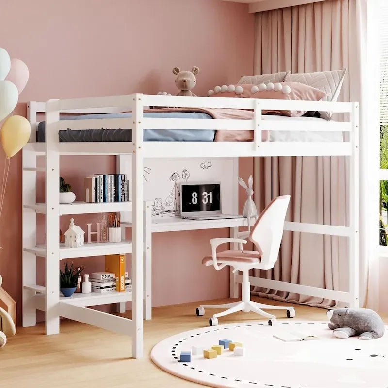Full Size Wooden Loft Bed with Shelves, Desk and Writing Board