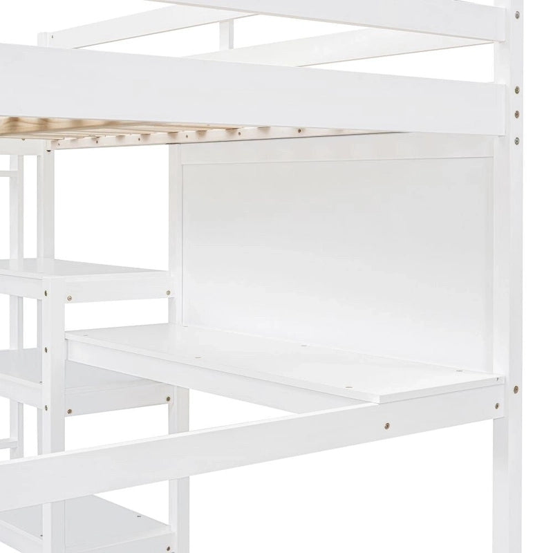 Full Size Wooden Loft Bed with Shelves, Desk and Writing Board