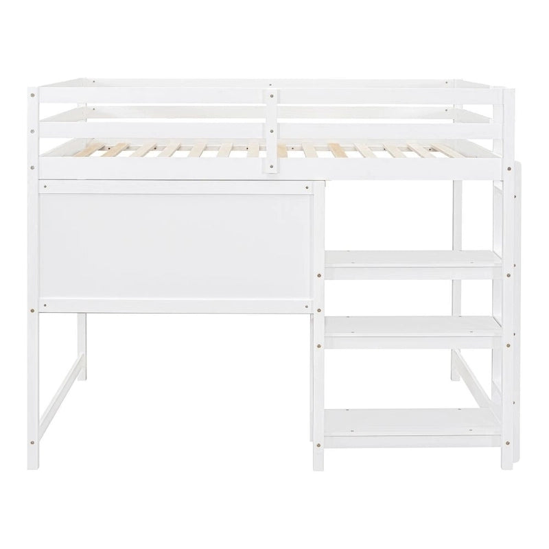 Full Size Wooden Loft Bed with Shelves, Desk and Writing Board