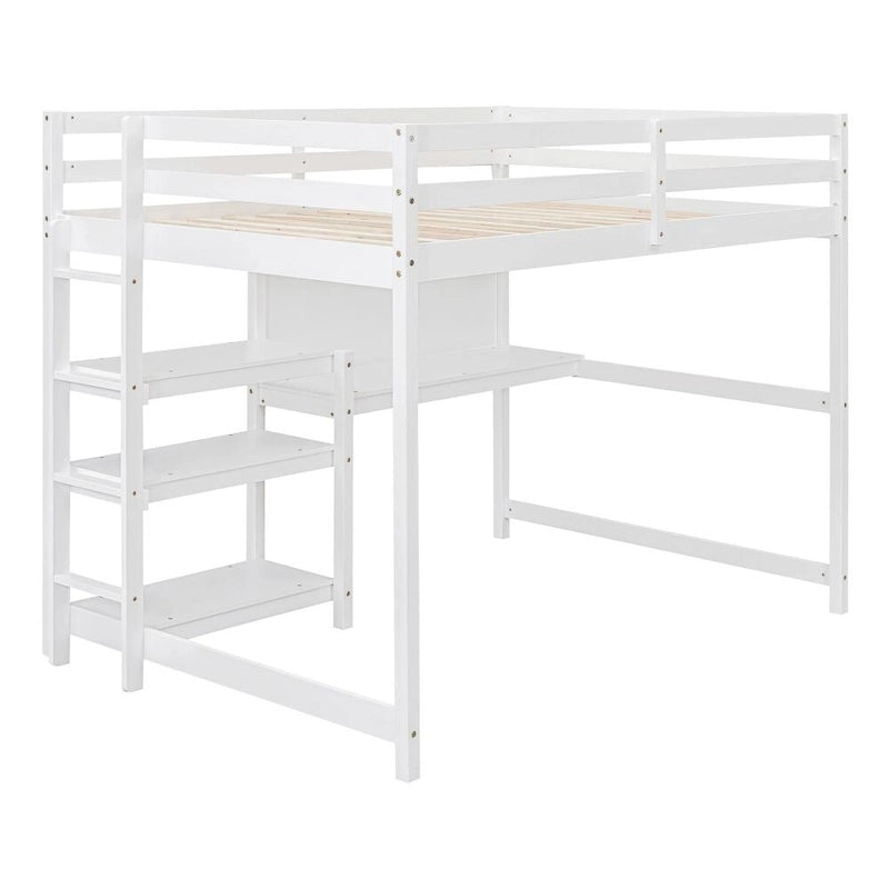Full Size Wooden Loft Bed with Shelves, Desk and Writing Board