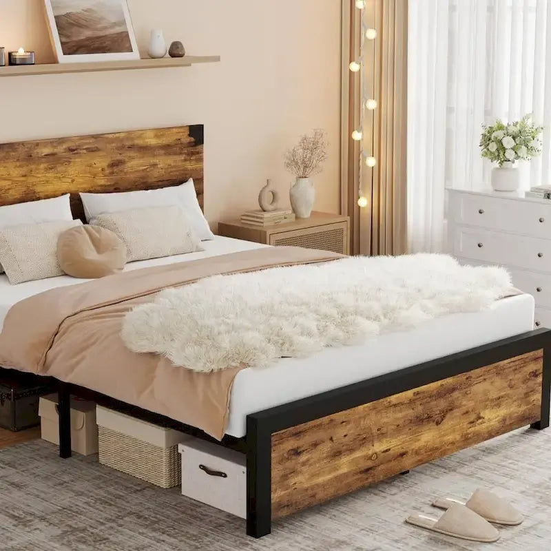Rustic Queen Size Bed Frame with Wood Headboard