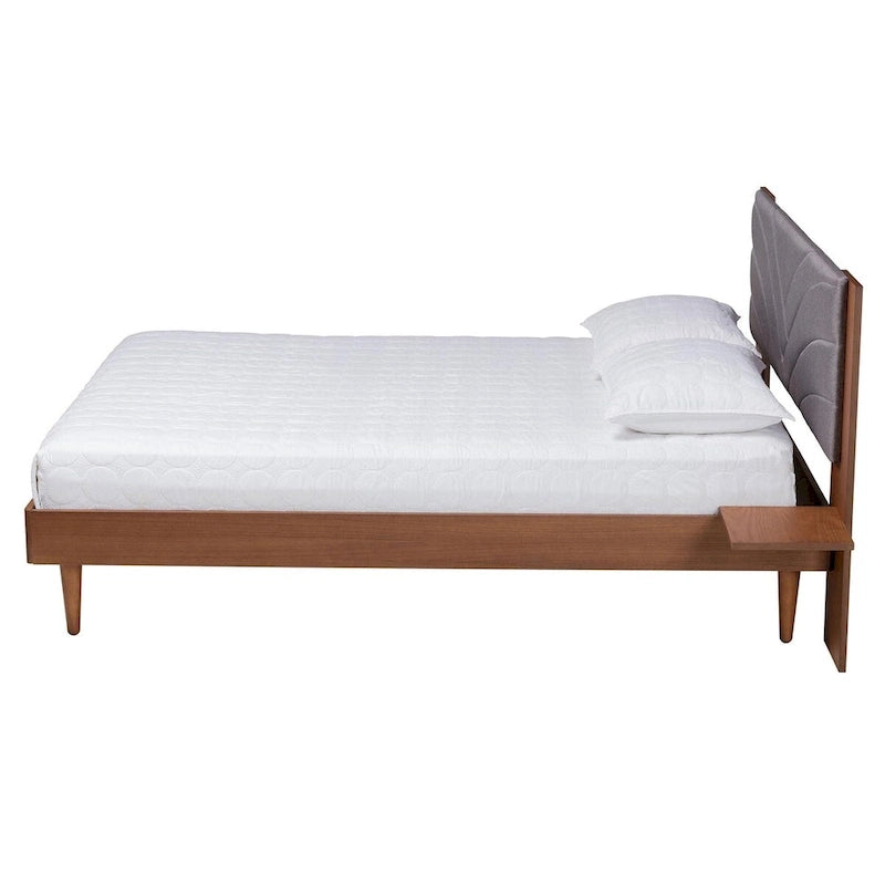 Hemera Mid-Century Modern Grey Fabric and Walnut Brown Wood Queen Size Platform Bed With Floating Side Table