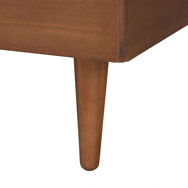 Hemera Mid-Century Modern Grey Fabric and Walnut Brown Wood Queen Size Platform Bed With Floating Side Table