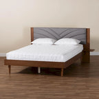 Hemera Mid-Century Modern Grey Fabric and Walnut Brown Wood Queen Size Platform Bed With Floating Side Table