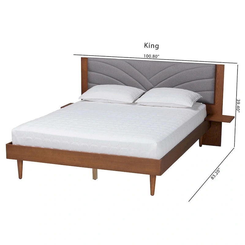 Hemera Mid-Century Modern Grey Fabric and Walnut Brown Wood Queen Size Platform Bed With Floating Side Table