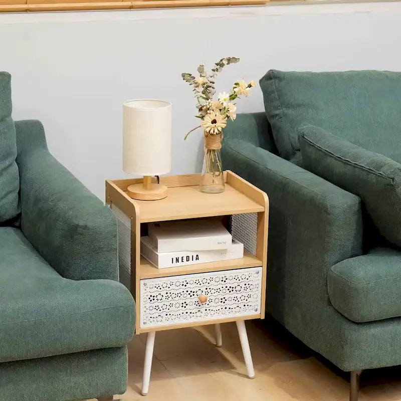 Wooden Bedside Table With Metal Legs Nightstand Set Of 2