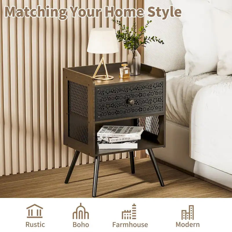 Wooden Bedside Table With Metal Legs Nightstand Set Of 2