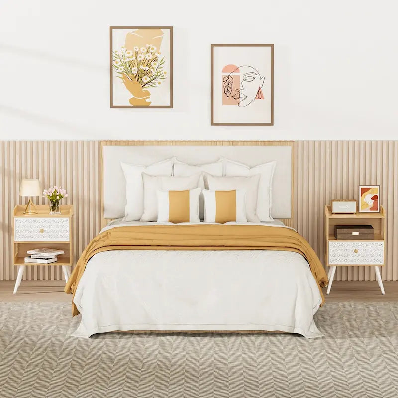 Wooden Bedside Table With Metal Legs Nightstand Set Of 2