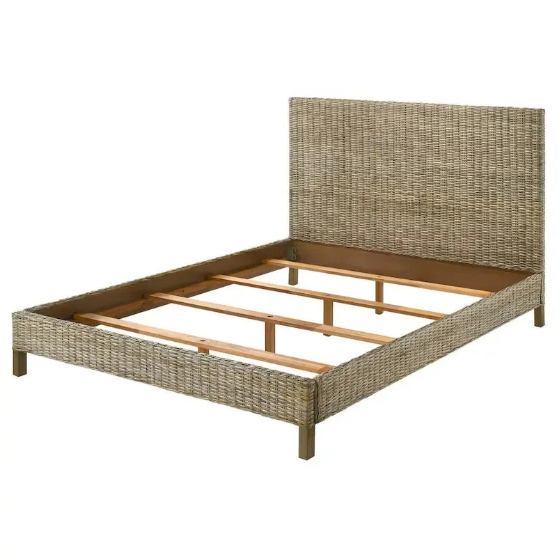 Ayla King Size Bed, Rattan Woven Design, Panel Headboard, Gray Mahogany