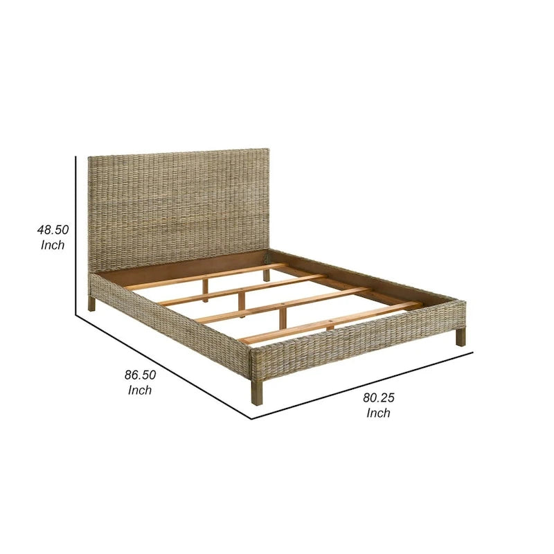Ayla King Size Bed, Rattan Woven Design, Panel Headboard, Gray Mahogany