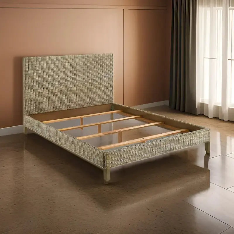 Ayla King Size Bed, Rattan Woven Design, Panel Headboard, Gray Mahogany
