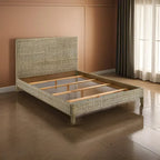 Ayla King Size Bed, Rattan Woven Design, Panel Headboard, Gray Mahogany