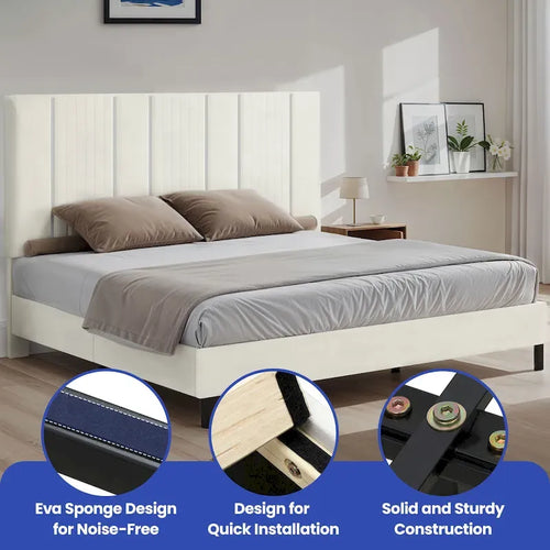 52 King Vertical Channel Tufted Headboard Velvet Upholstered Platform Bed Frame