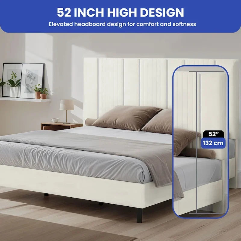 52 King Vertical Channel Tufted Headboard Velvet Upholstered Platform Bed Frame