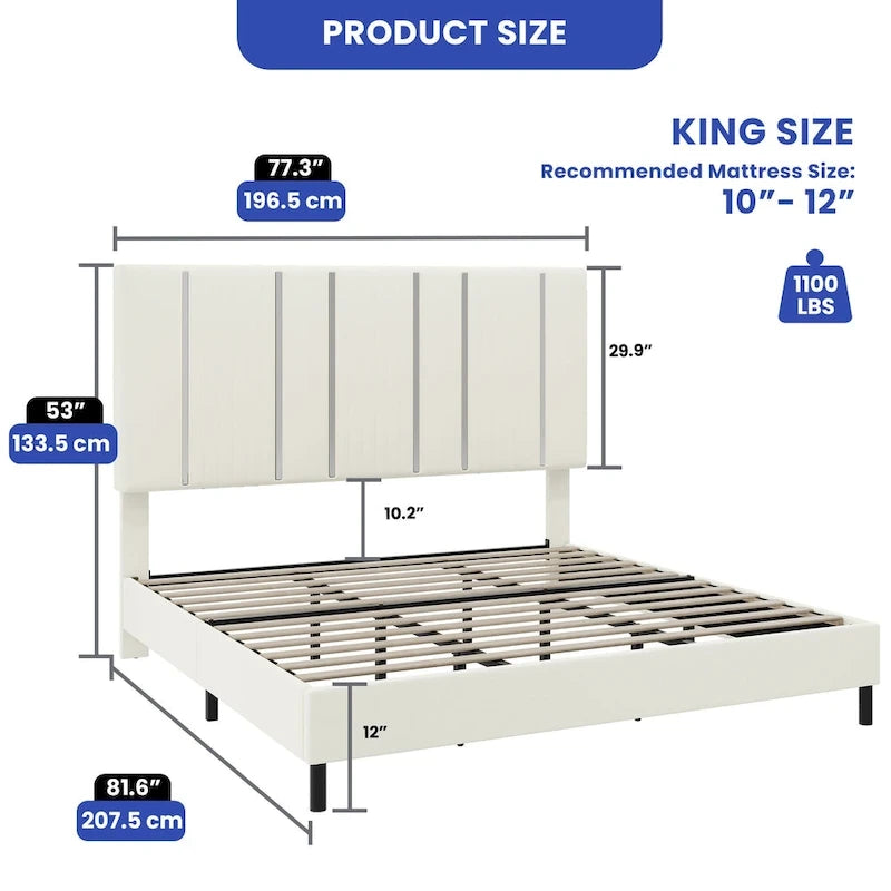 52 King Vertical Channel Tufted Headboard Velvet Upholstered Platform Bed Frame