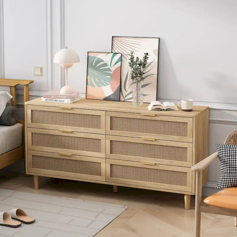 59.066-Drawers Rattan Storage Cabinet with White Drawer Slides