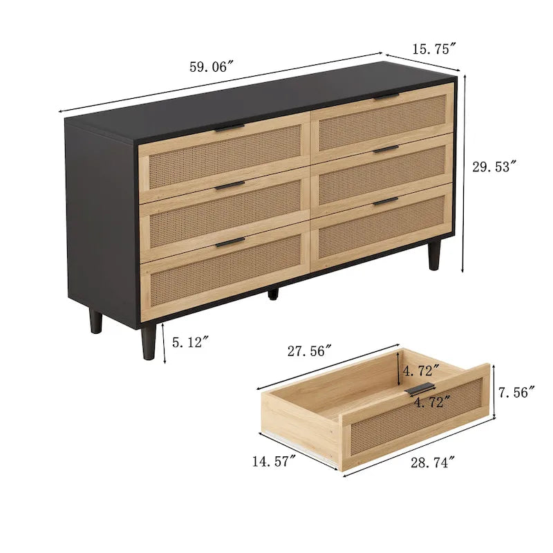 59.066-Drawers Rattan Storage Cabinet with White Drawer Slides