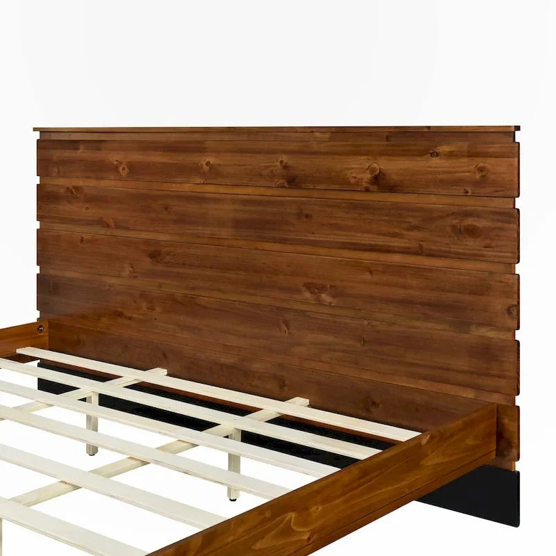 King Size Solid Wood Platform Bed with Six-Piece Headboard