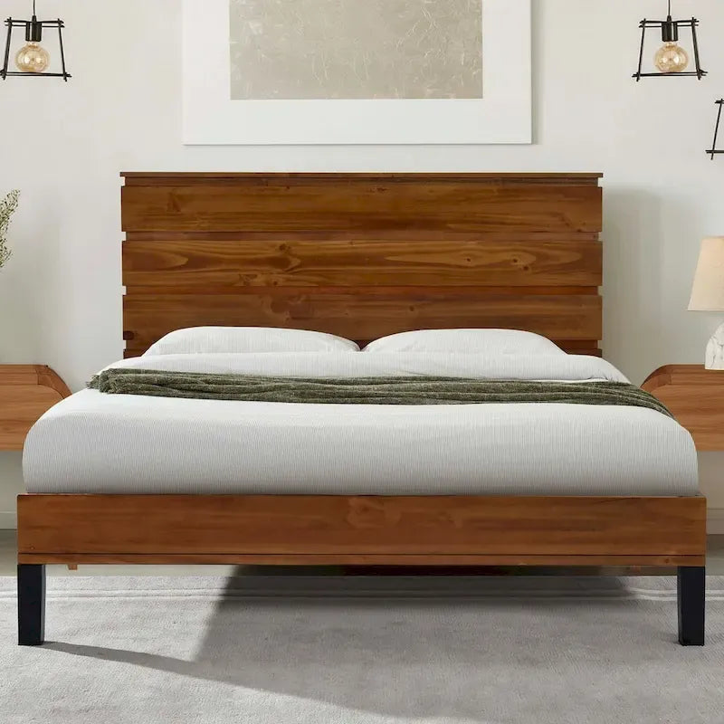 King Size Solid Wood Platform Bed with Six-Piece Headboard