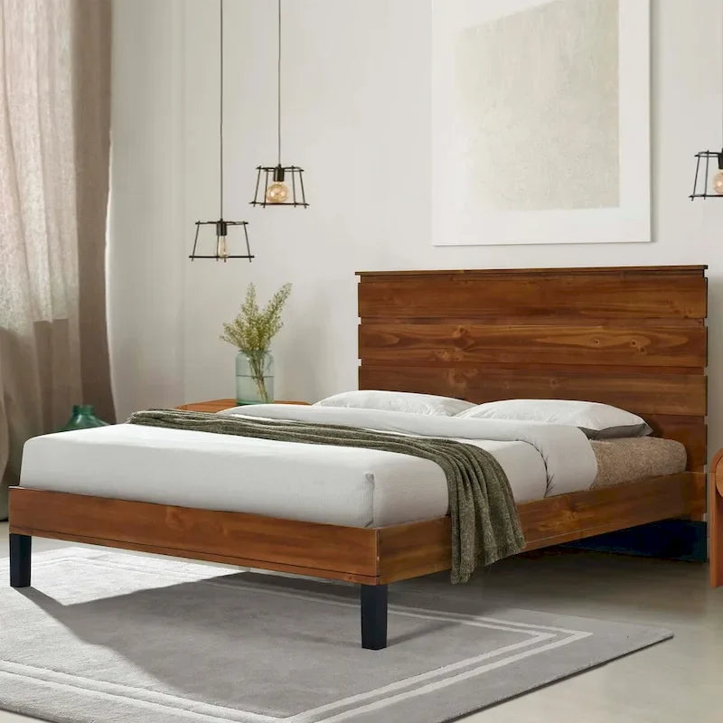 King Size Solid Wood Platform Bed with Six-Piece Headboard