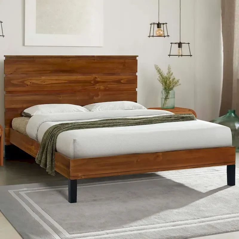 King Size Solid Wood Platform Bed with Six-Piece Headboard