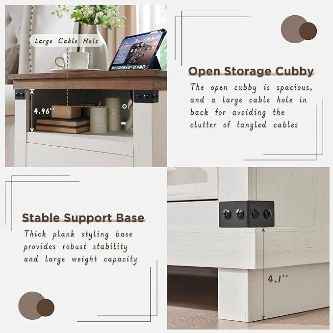 18 Farmhouse Nightstand with Charging Station, Night Stand, End Table