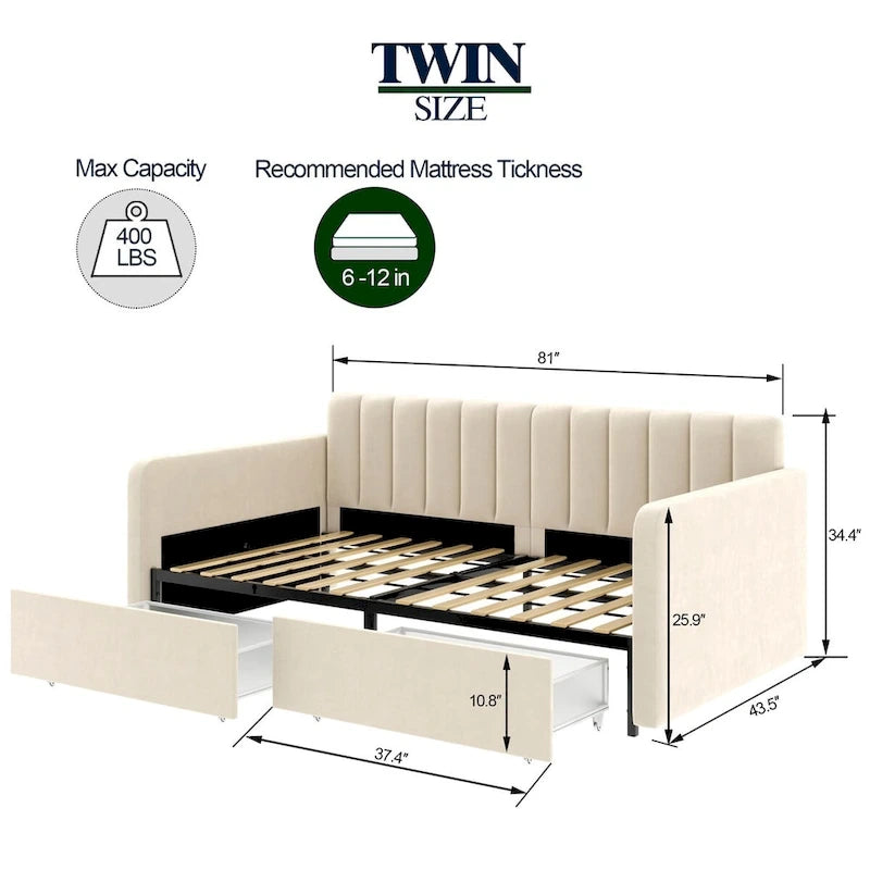 Upholstered Daybed with 2 Drawers