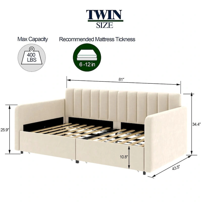 Upholstered Daybed with 2 Drawers