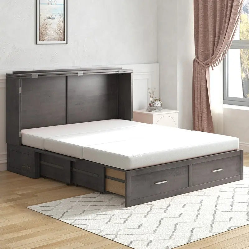 Mixoy Modern Murphy Bed Chest with Mattress,Storage Drawer,Charging Station
