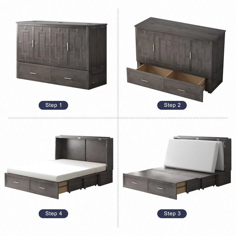 Mixoy Modern Murphy Bed Chest with Mattress,Storage Drawer,Charging Station