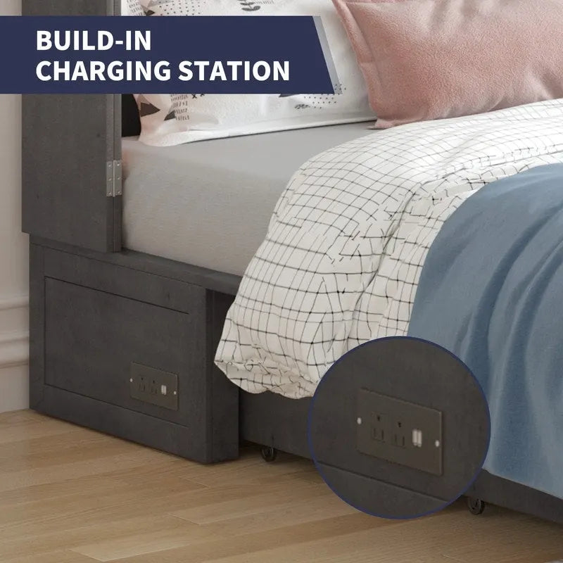 Mixoy Modern Murphy Bed Chest with Mattress,Storage Drawer,Charging Station