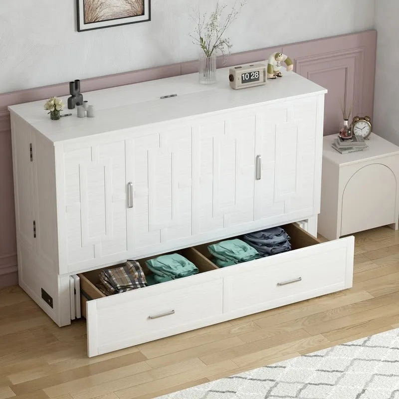 Mixoy Modern Murphy Bed Chest with Mattress,Storage Drawer,Charging Station