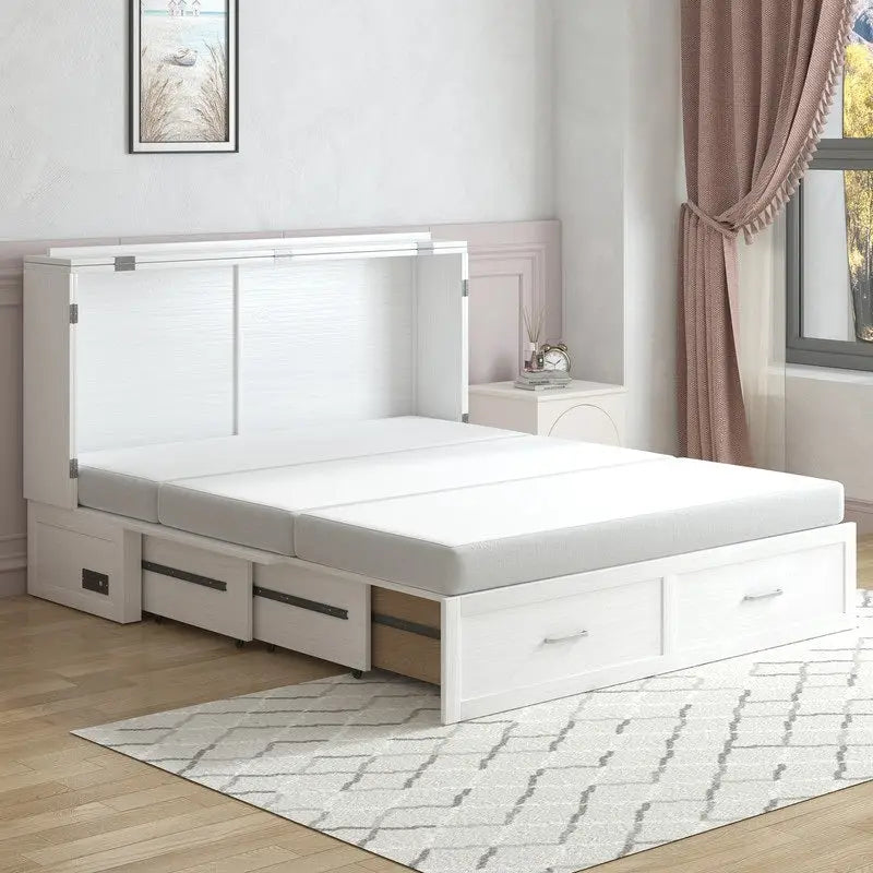 Mixoy Modern Murphy Bed Chest with Mattress,Storage Drawer,Charging Station
