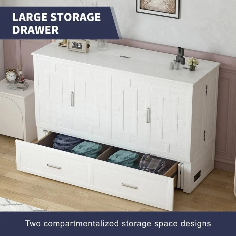Mixoy Modern Murphy Bed Chest with Mattress,Storage Drawer,Charging Station