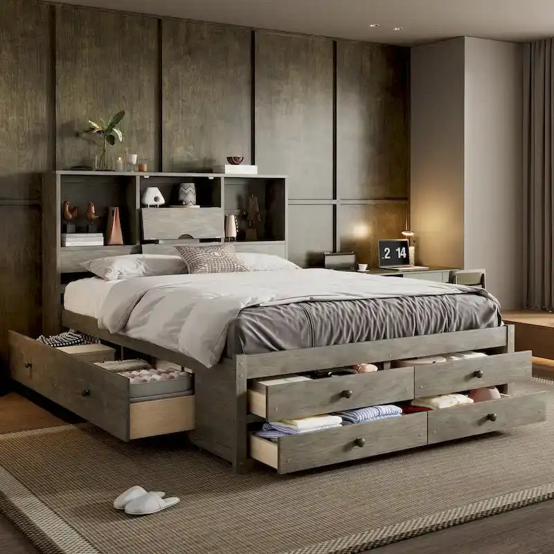 Platform Bed with Storage Headboard and 8 Drawers