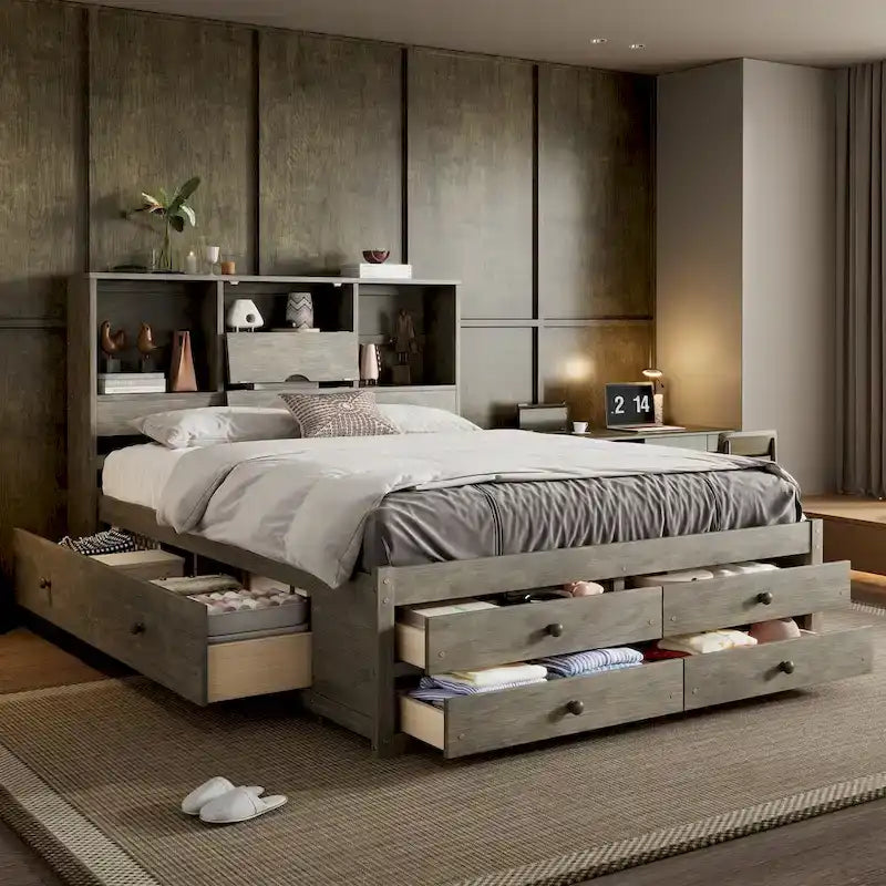 Platform Bed with Storage Headboard and 8 Drawers