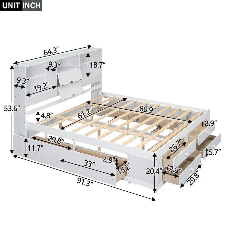 Platform Bed with Storage Headboard and 8 Drawers