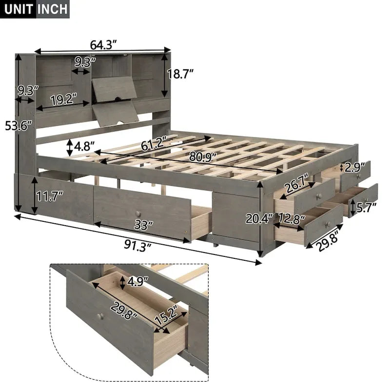 Platform Bed with Storage Headboard and 8 Drawers