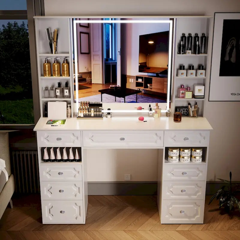 White/ Black Makeup Vanity with Lighted Mirror,Extra Large Vanity Desk with 9 Drawers,European Style Vanities