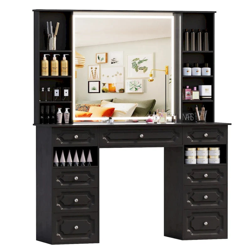 White/ Black Makeup Vanity with Lighted Mirror,Extra Large Vanity Desk with 9 Drawers,European Style Vanities
