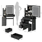 Left Cabinet Makeup Vanity with LED Mirror and USB Power Station and Cushioned Stool