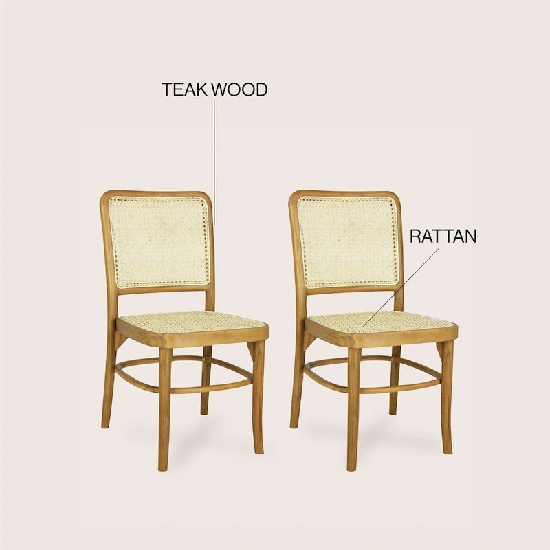 Cukor Mid-Century Vintage Wood Rattan Dining Chair, Natural (Set of 2) by JONATHAN Y
