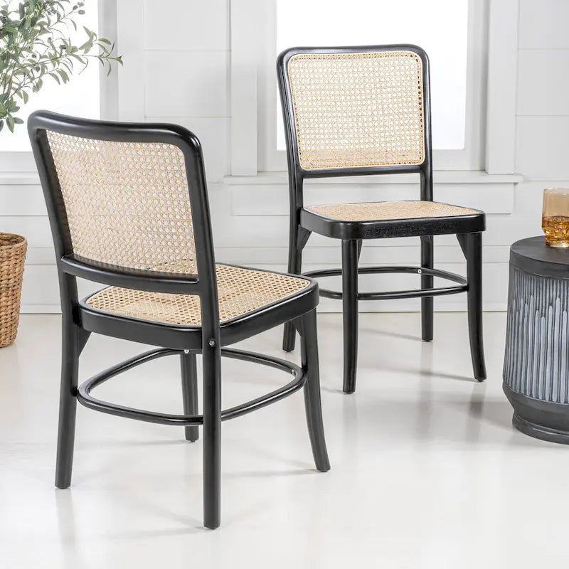 Cukor Mid-Century Vintage Wood Rattan Dining Chair, Natural (Set of 2) by JONATHAN Y