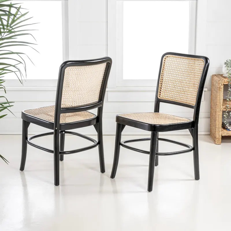 Cukor Mid-Century Vintage Wood Rattan Dining Chair, Natural (Set of 2) by JONATHAN Y