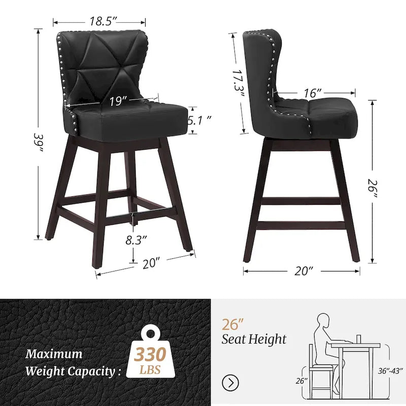 LUE BONA 26 in. Mid-Century Modern Wood Frame Swivel Bar Stools with Faux Leather and Linen Upholstered SeatSet of 4